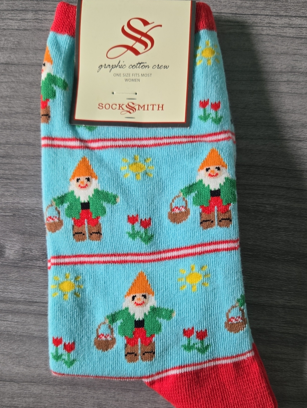 SockSmith Garden Gnome Socks New W Tags Blue Red Green Yellow Sz 9-11